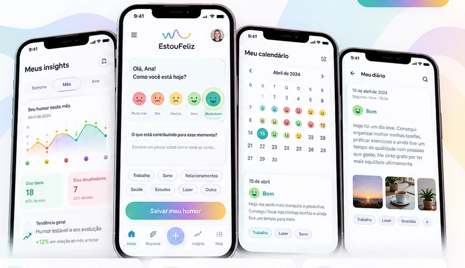 Quatro telas do sistema em celulares: registro do humor, insights, calendário e diário.